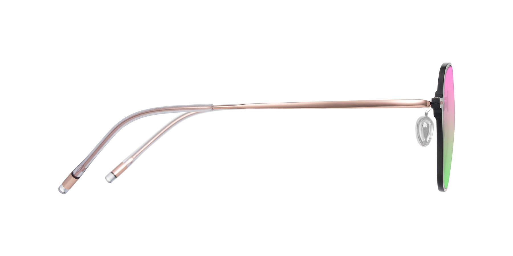 Side of Lytle in Matte Black/Rose Glod with Pink / Green Gradient Lenses