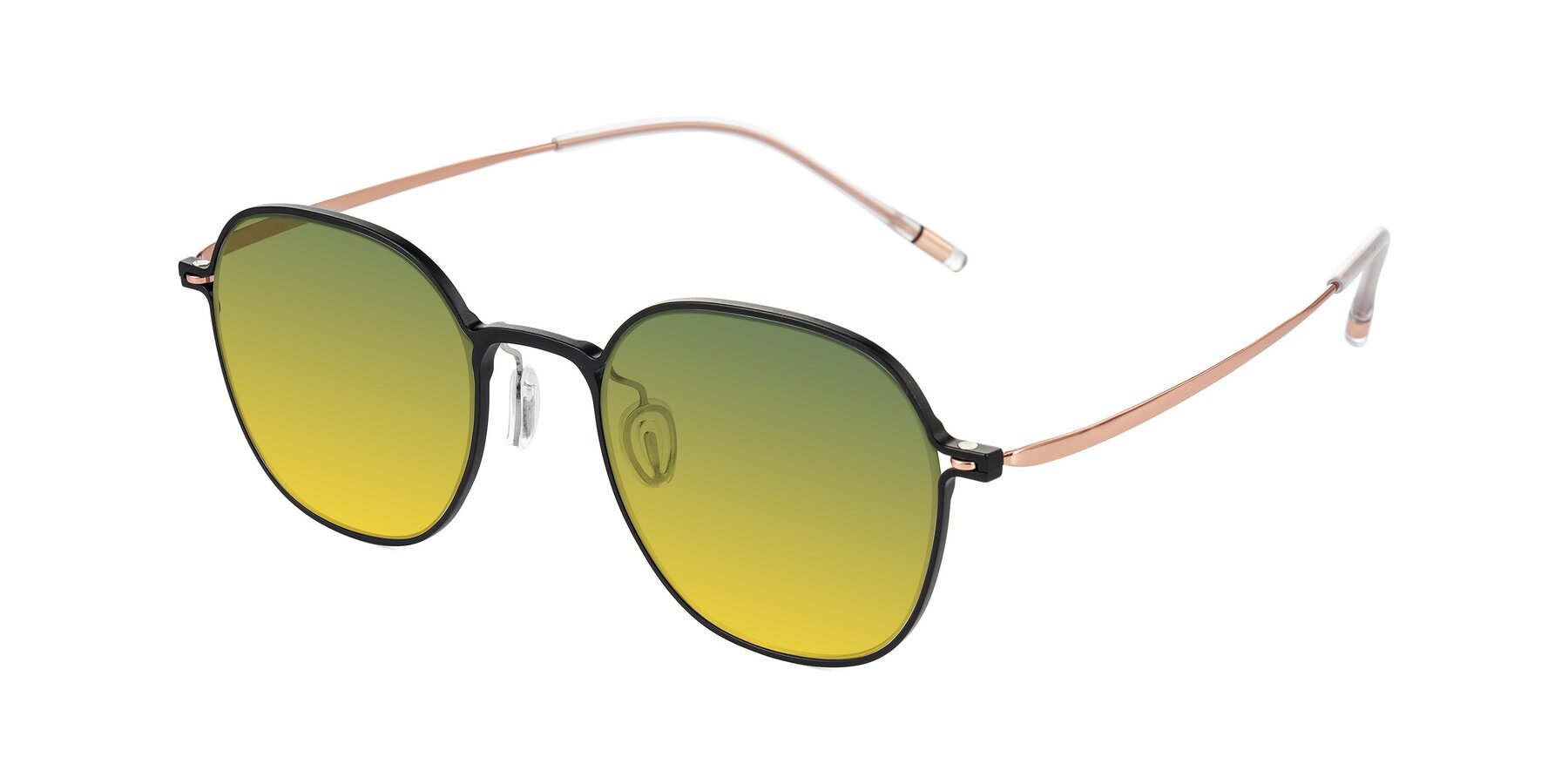Angle of Lytle in Matte Black/Rose Glod with Green / Yellow Gradient Lenses