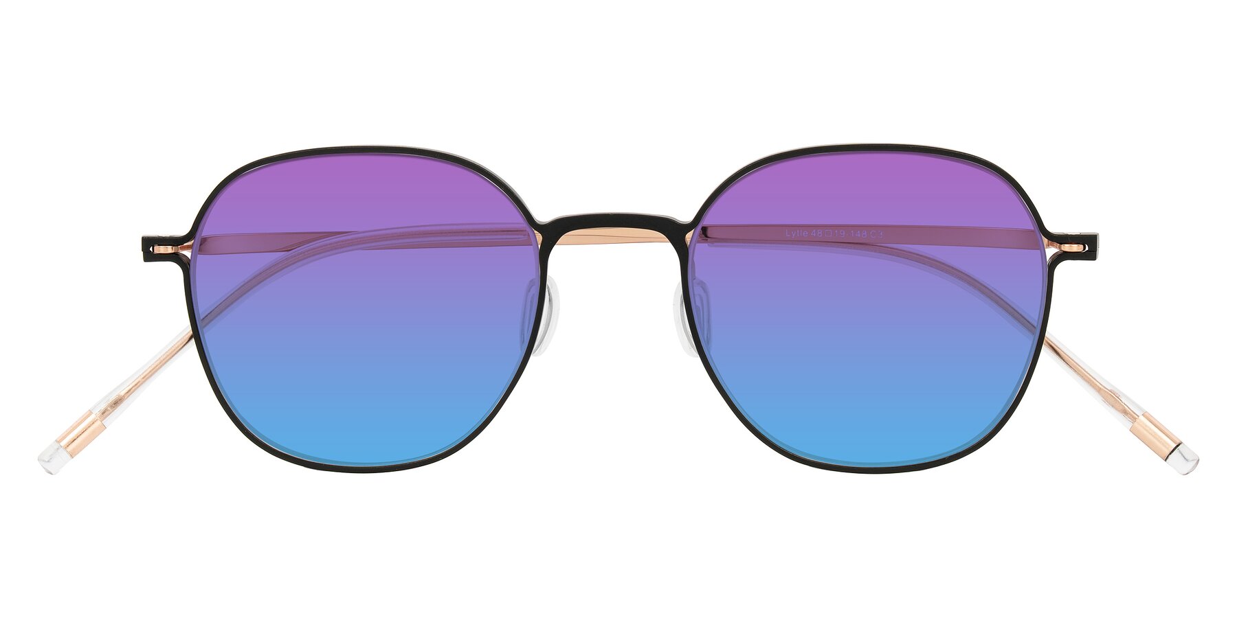 Folded Front of Lytle in Matte Black/Rose Glod with Purple / Blue Gradient Lenses