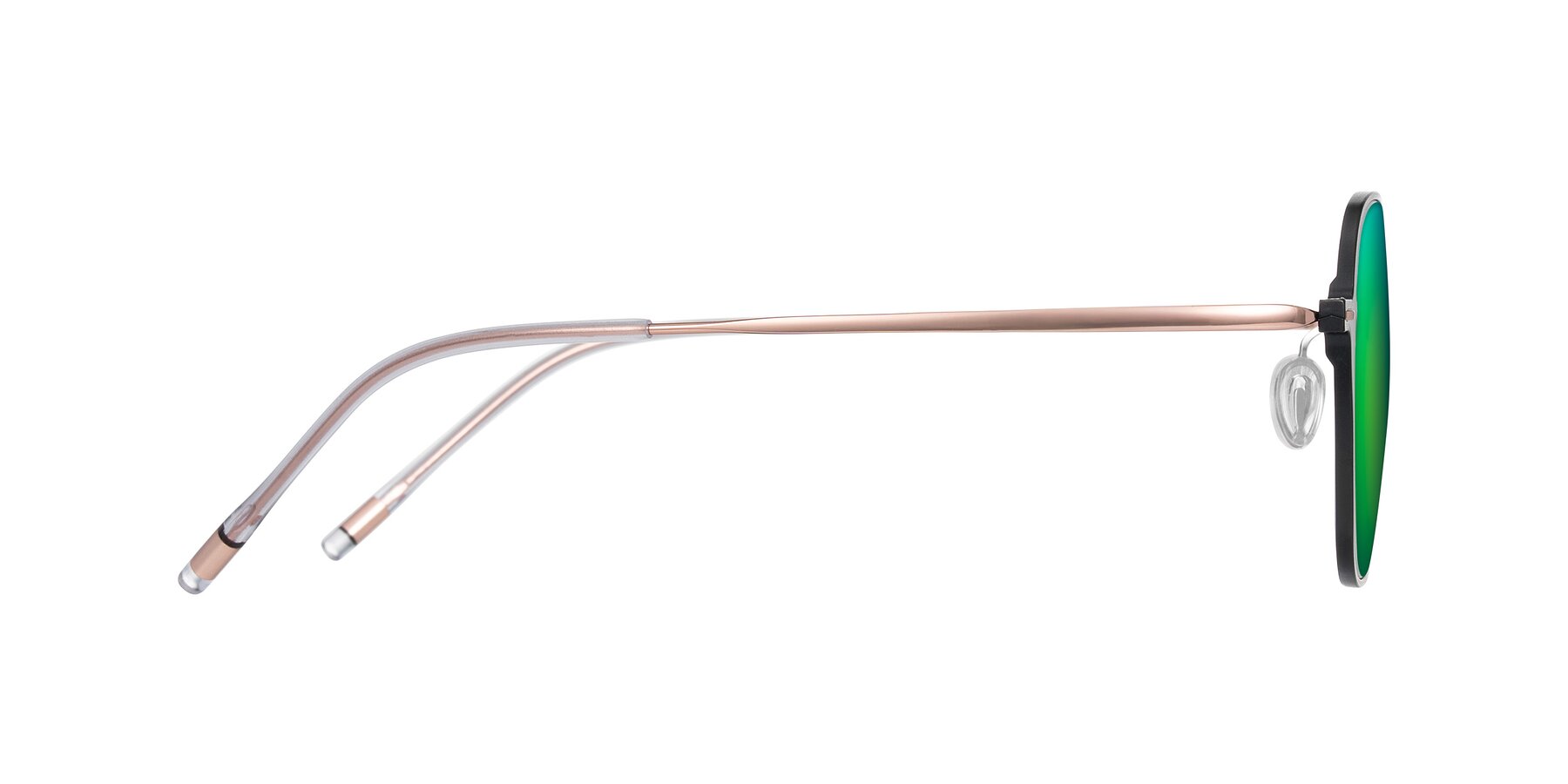 Side of Lytle in Matte Black/Rose Glod with Green Mirrored Lenses