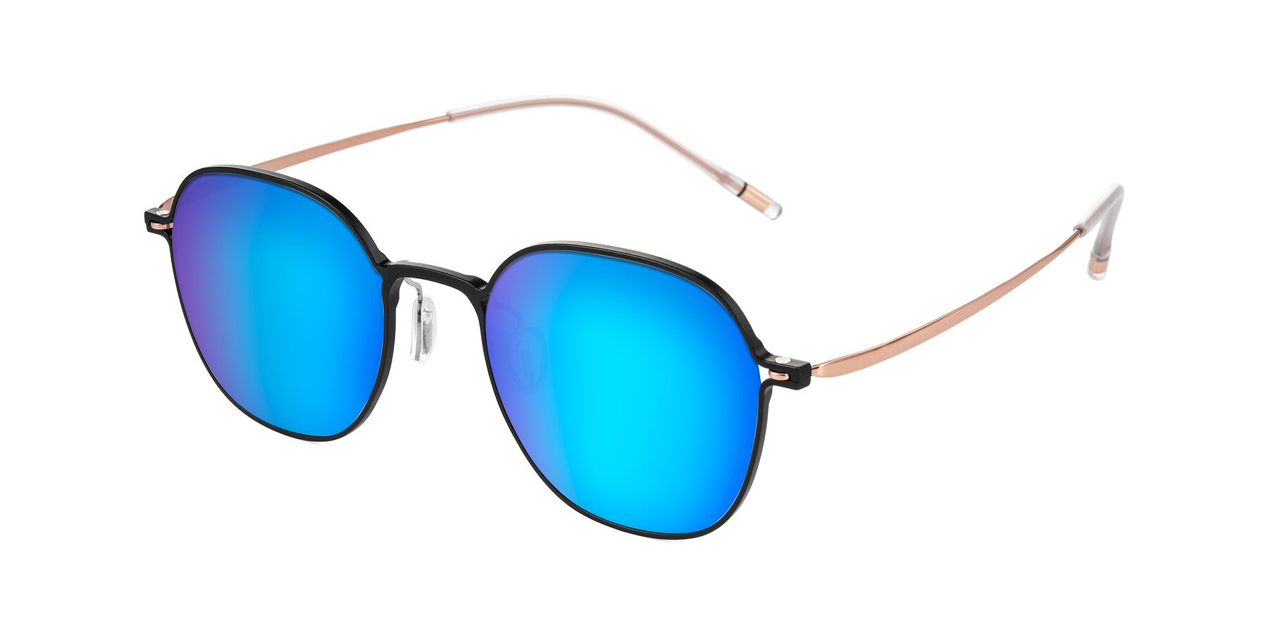 Angle of Lytle in Matte Black/Rose Glod with Blue Mirrored Lenses
