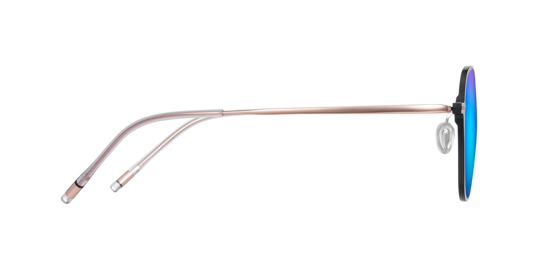 Side of Lytle in Matte Black/Rose Glod with Blue Mirrored Lenses