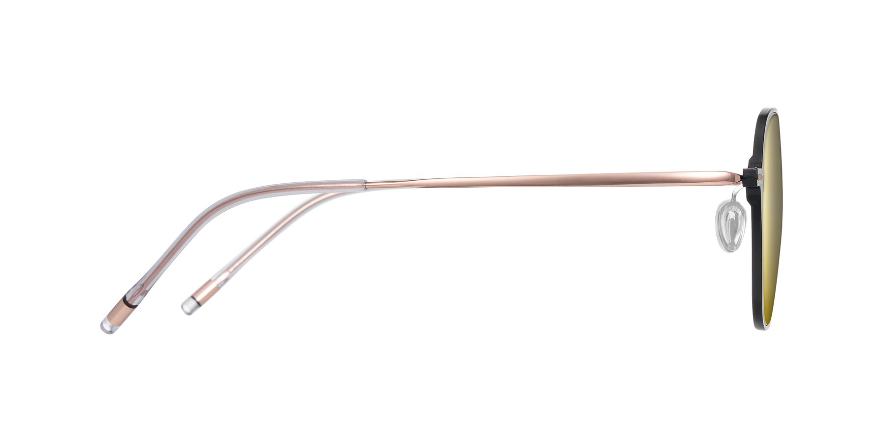 Side of Lytle in Matte Black/Rose Glod with Gold Mirrored Lenses