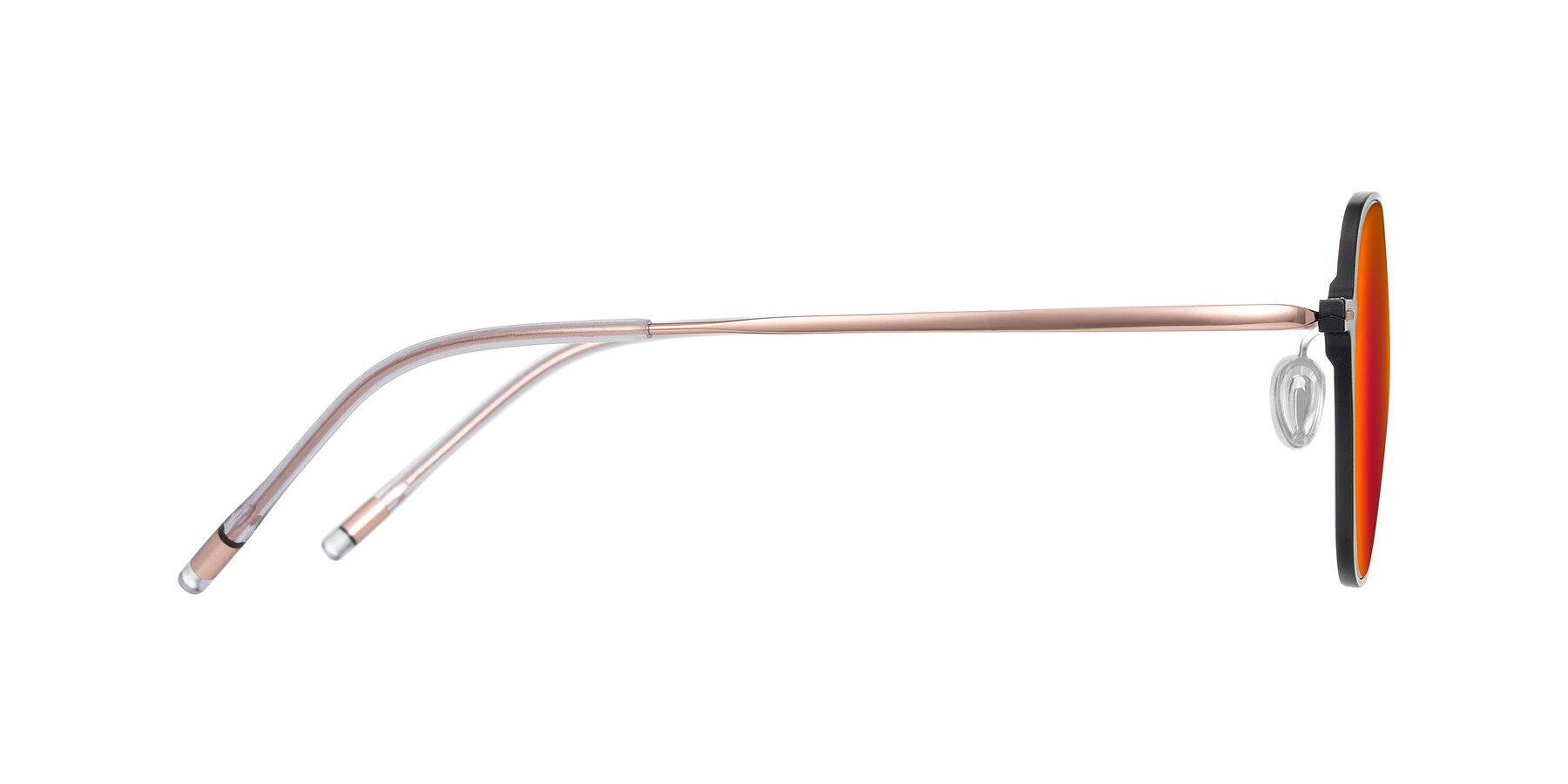 Side of Lytle in Matte Black/Rose Glod with Red Gold Mirrored Lenses