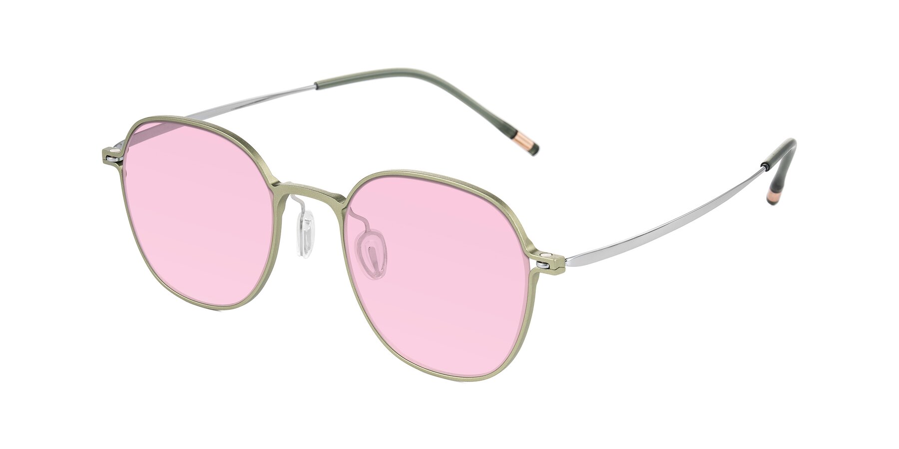 Angle of Lytle in Matte Olive/Silver with Light Pink Tinted Lenses