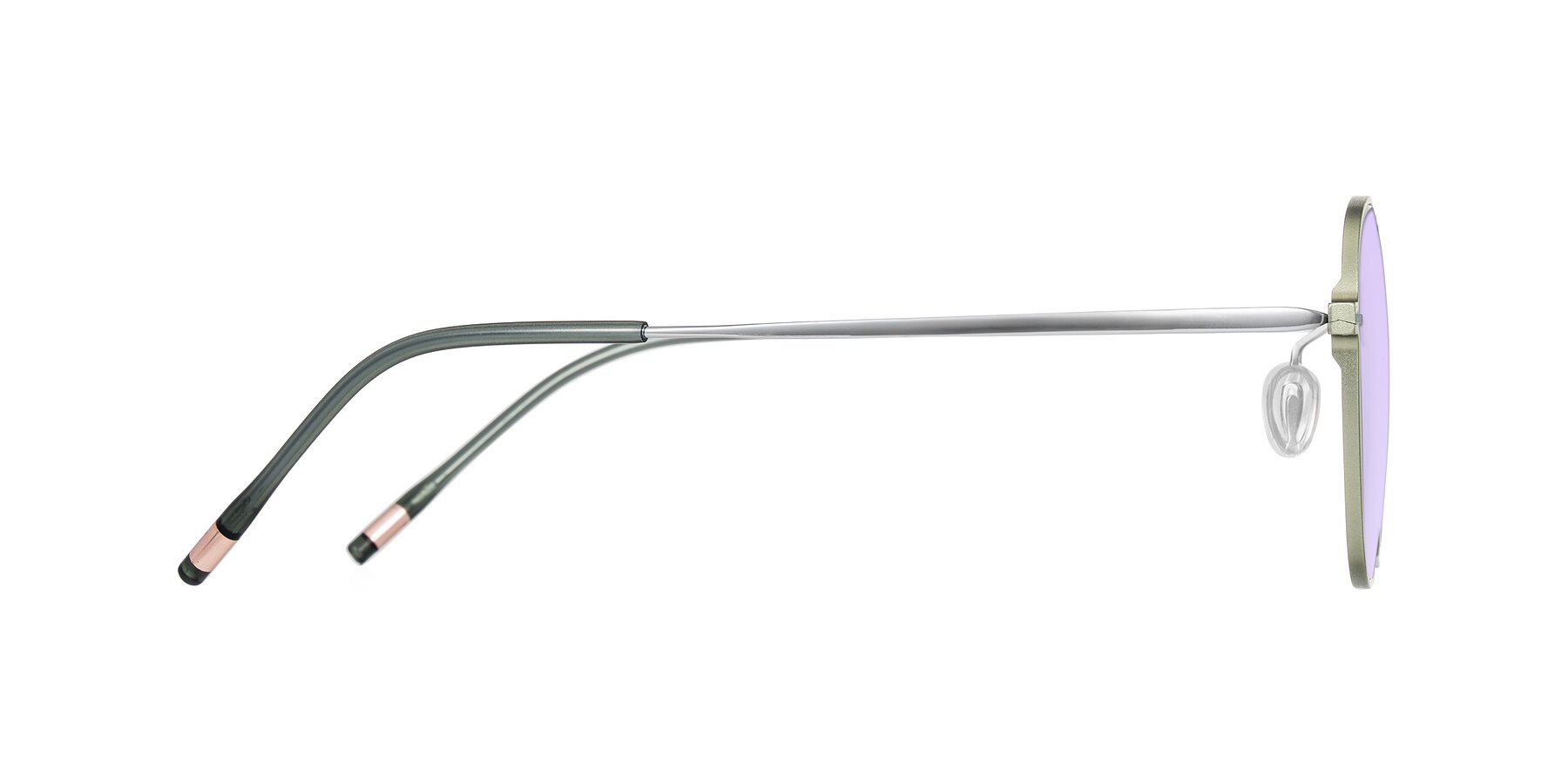Side of Lytle in Matte Olive/Silver with Light Purple Tinted Lenses