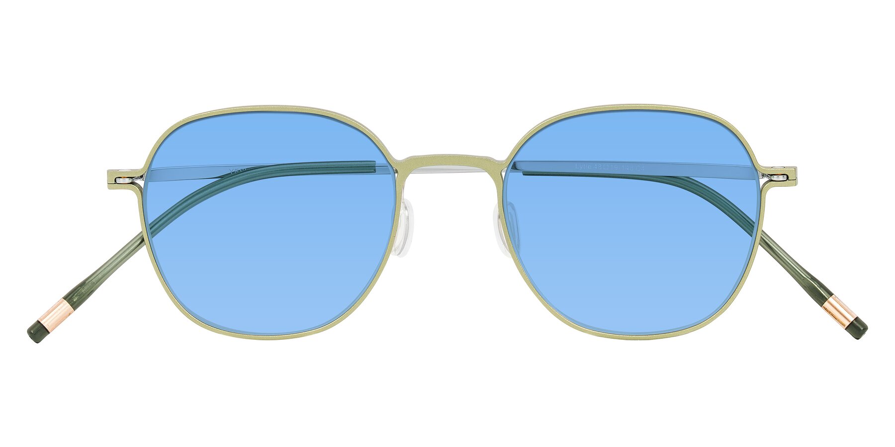 Folded Front of Lytle in Matte Olive/Silver with Medium Blue Tinted Lenses