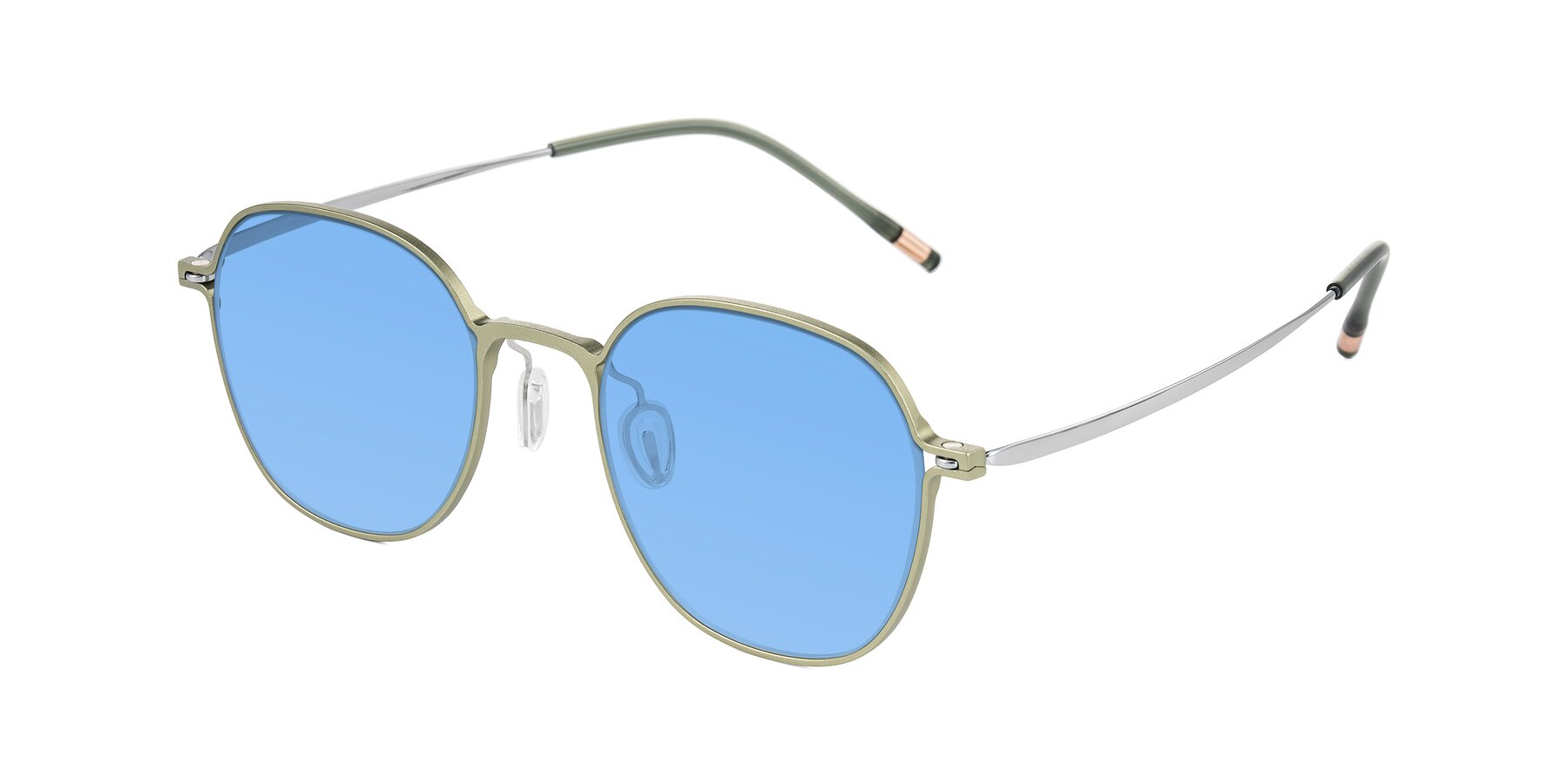 Angle of Lytle in Matte Olive/Silver with Medium Blue Tinted Lenses