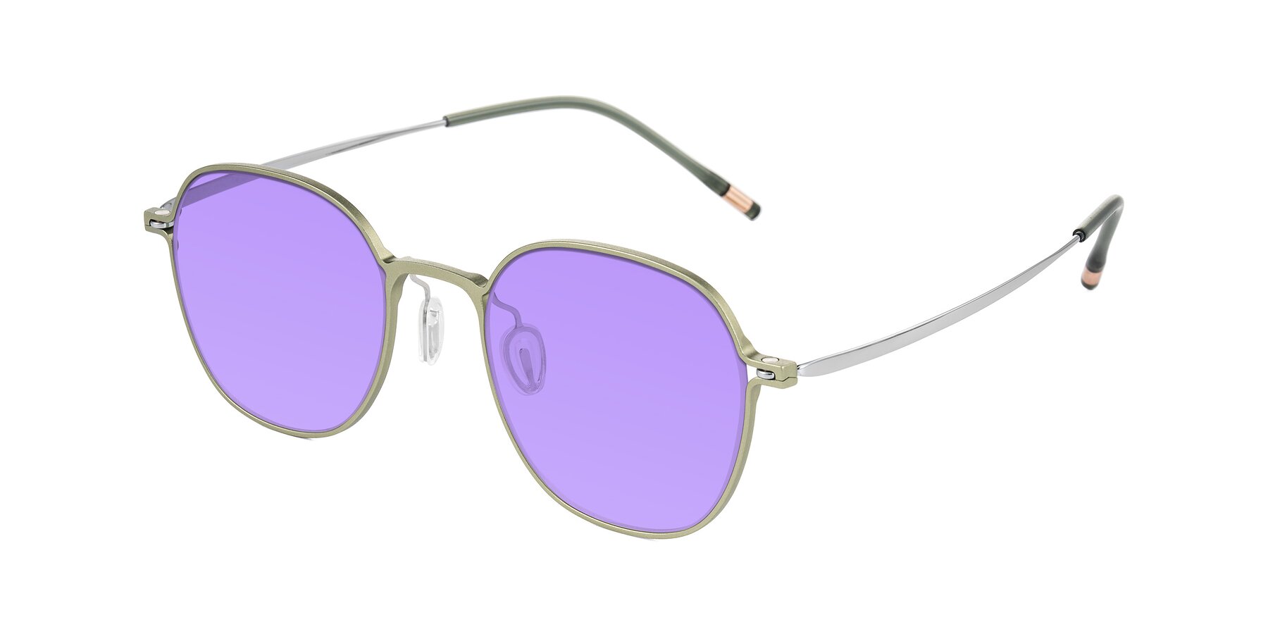 Angle of Lytle in Matte Olive/Silver with Medium Purple Tinted Lenses