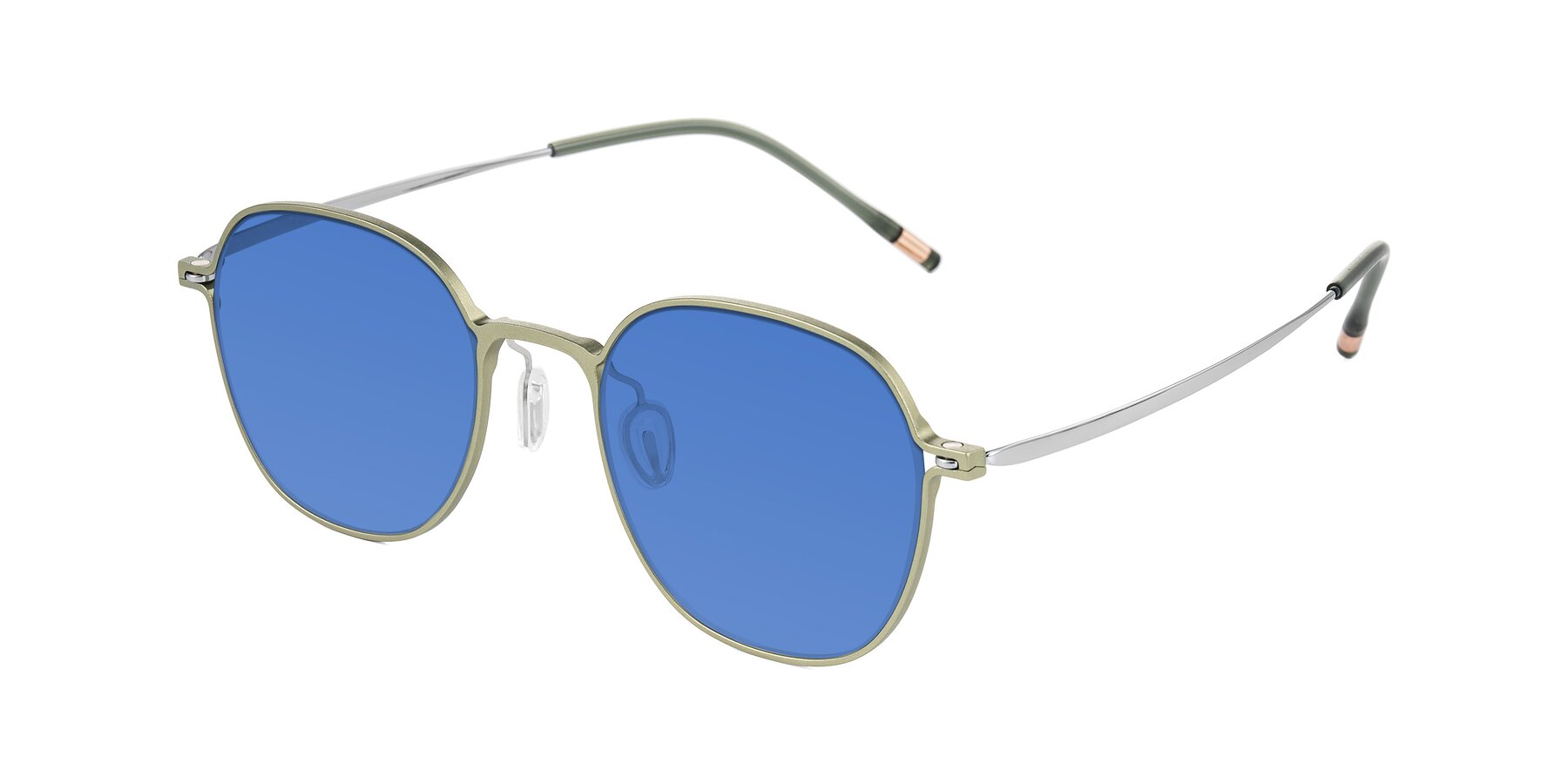 Angle of Lytle in Matte Olive/Silver with Blue Tinted Lenses