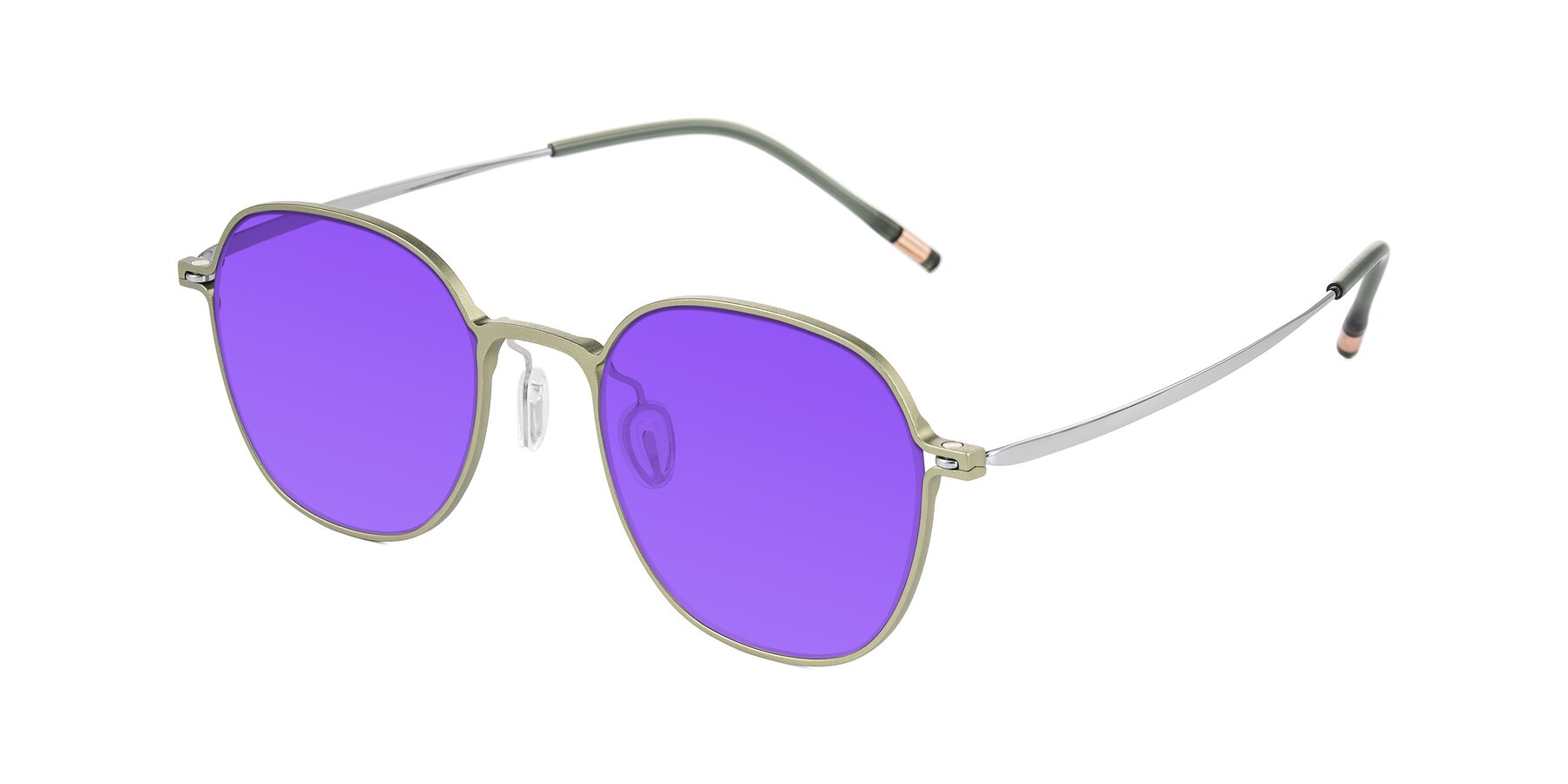 Angle of Lytle in Matte Olive/Silver with Purple Tinted Lenses