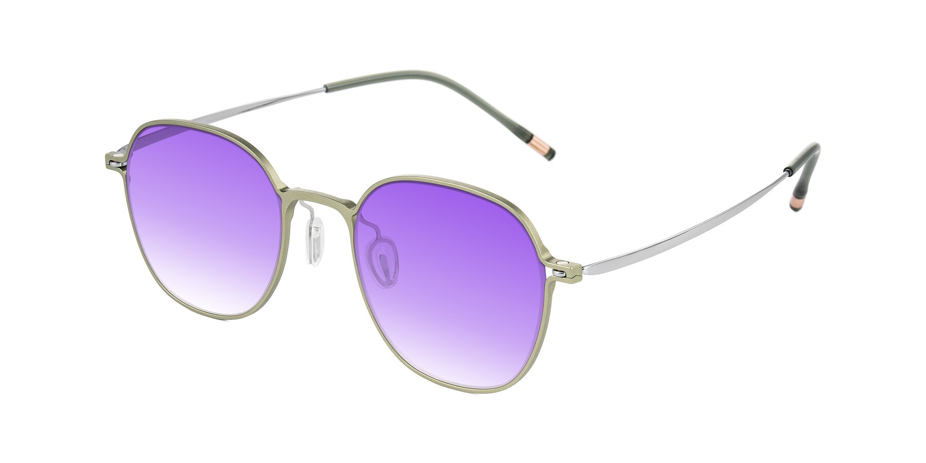 Angle of Lytle in Matte Olive/Silver with Purple Gradient Lenses