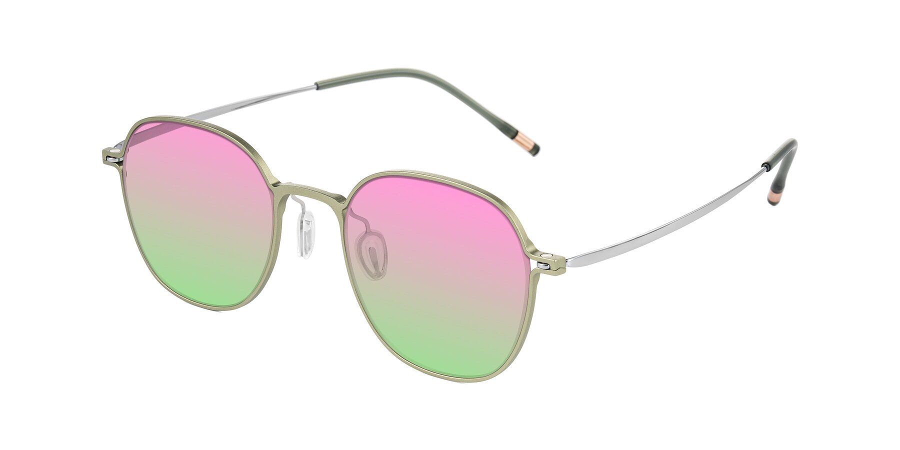 Angle of Lytle in Matte Olive/Silver with Pink / Green Gradient Lenses