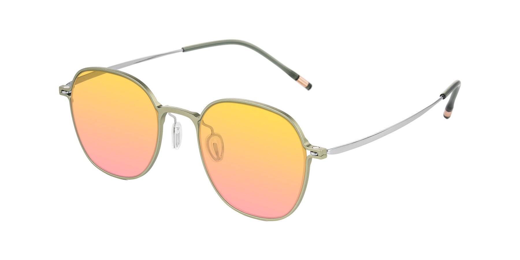 Angle of Lytle in Matte Olive/Silver with Yellow / Pink Gradient Lenses
