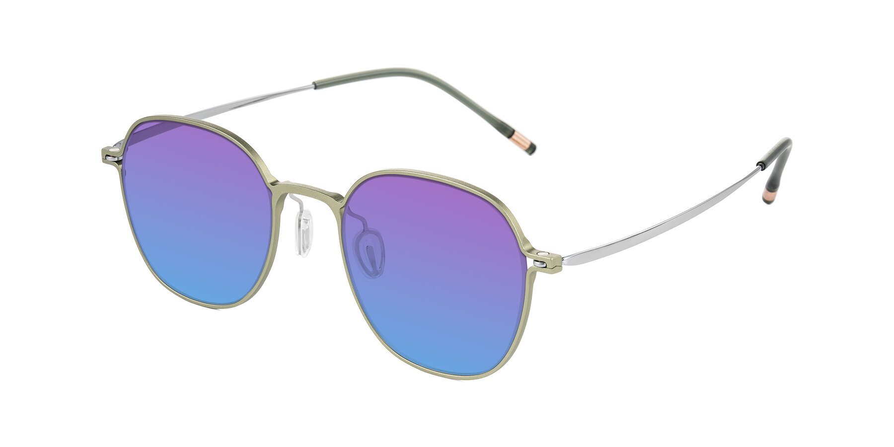 Angle of Lytle in Matte Olive/Silver with Purple / Blue Gradient Lenses