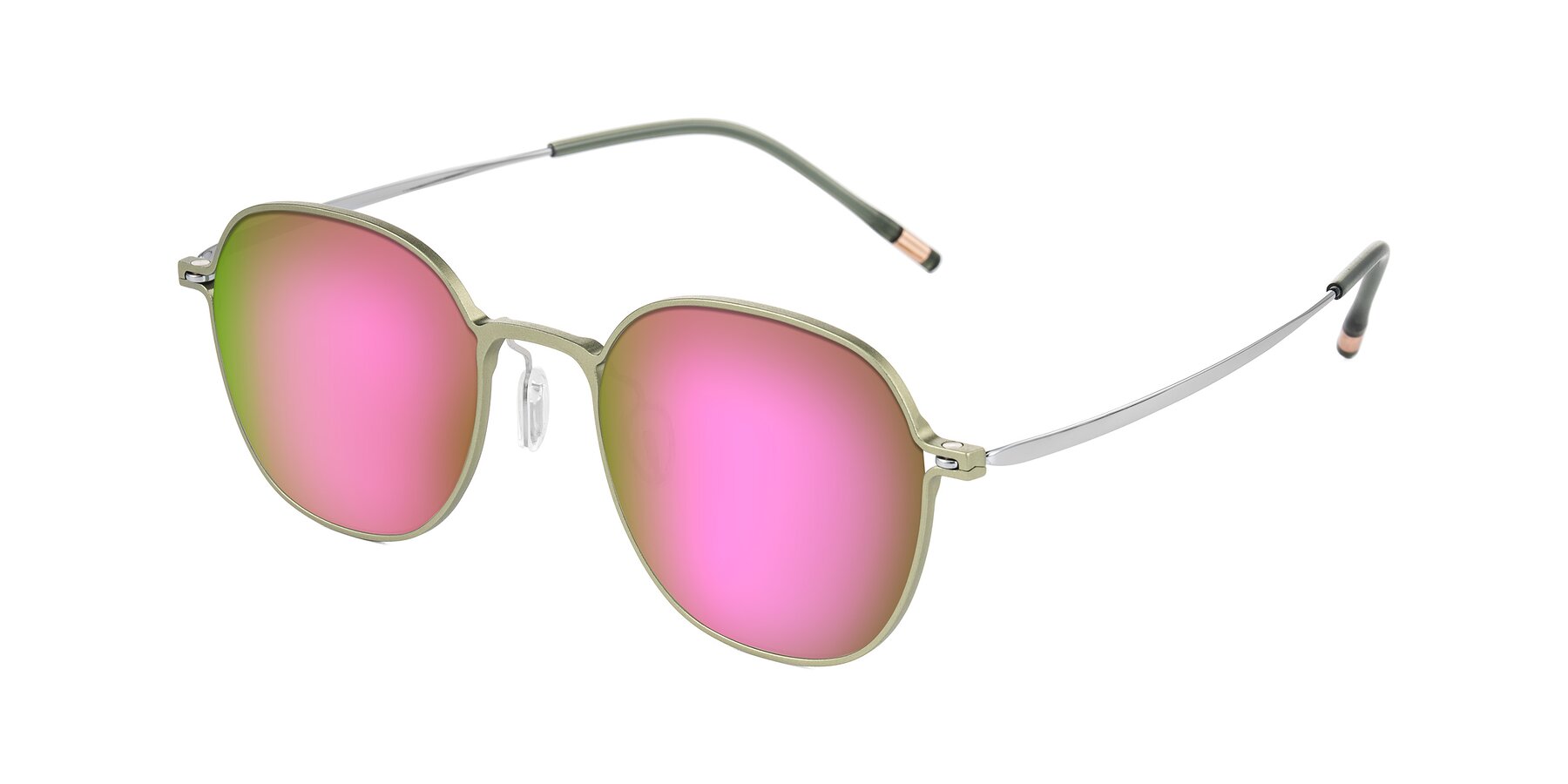 Angle of Lytle in Matte Olive/Silver with Pink Mirrored Lenses