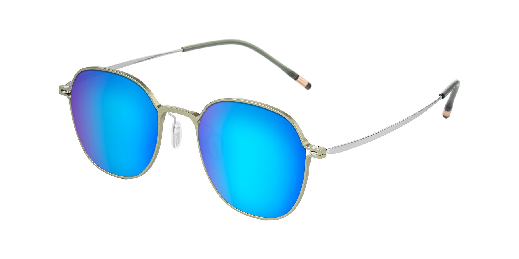 Angle of Lytle in Matte Olive/Silver with Blue Mirrored Lenses