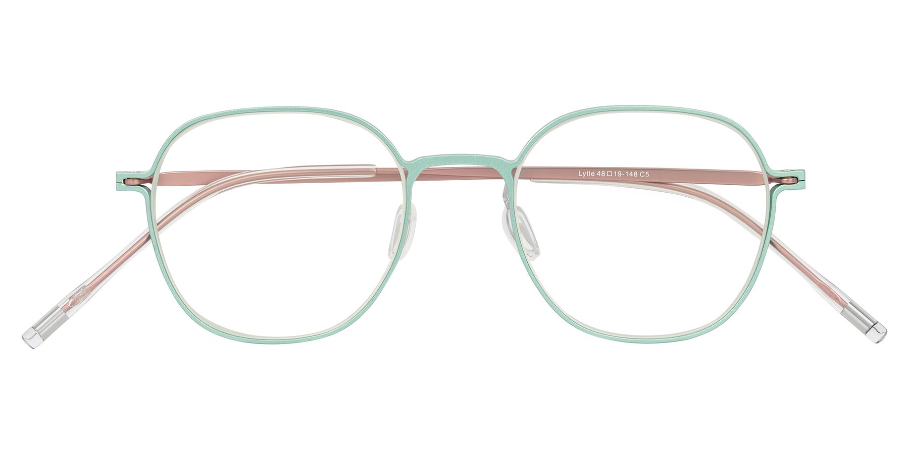 Folded Front of Lytle in Matte Teal/Pink with Clear Eyeglass Lenses