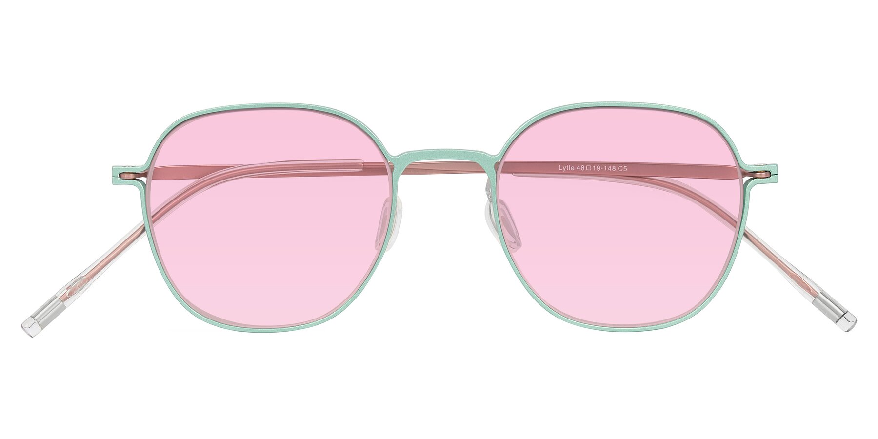 Folded Front of Lytle in Matte Teal/Pink with Light Pink Tinted Lenses