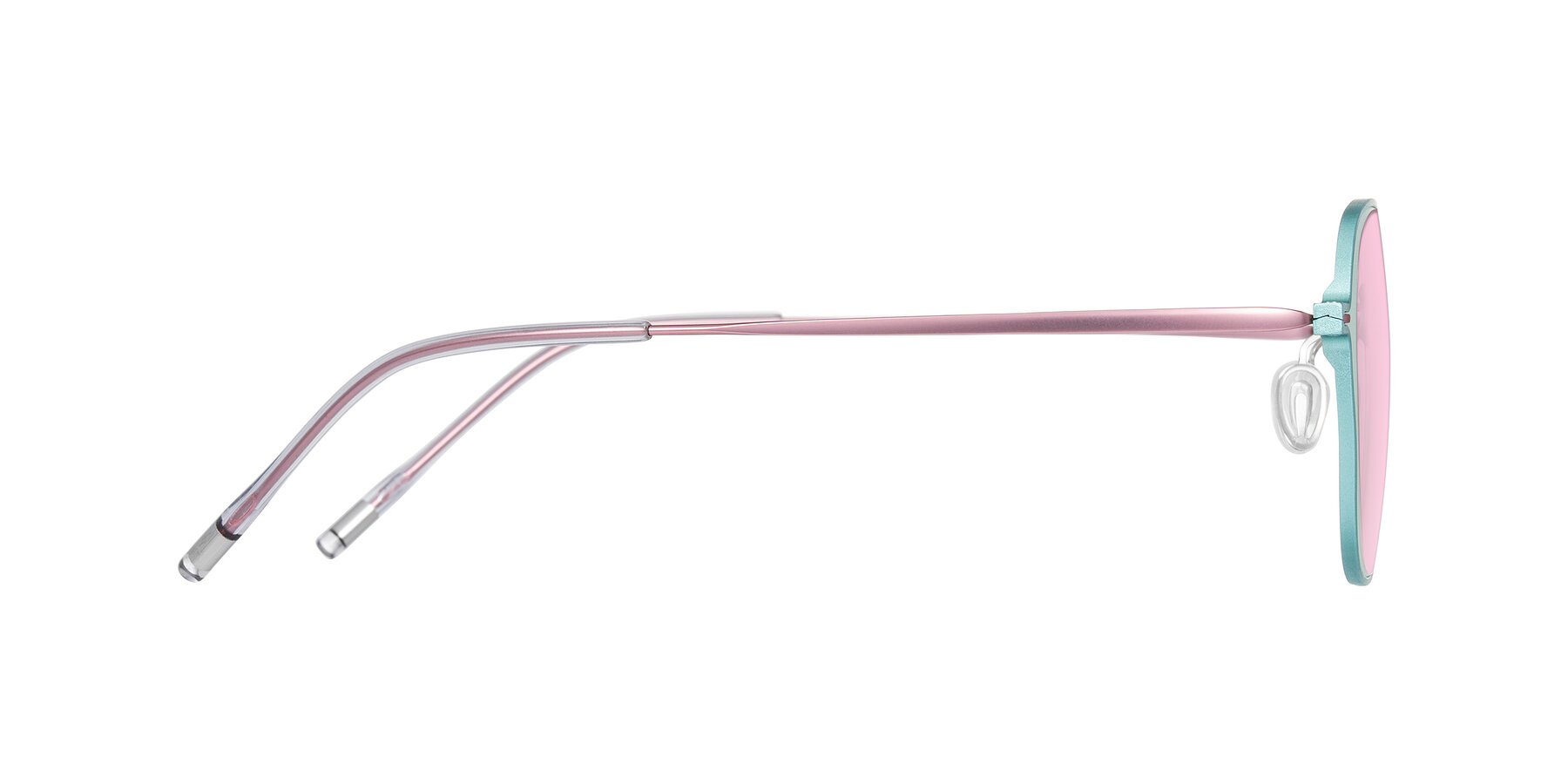 Side of Lytle in Matte Teal/Pink with Light Pink Tinted Lenses