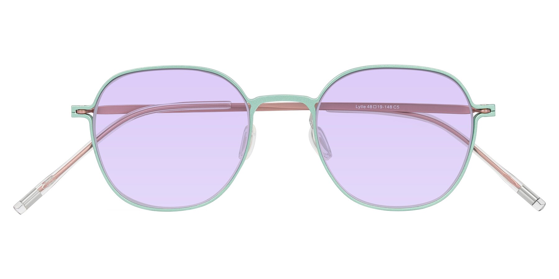 Folded Front of Lytle in Matte Teal/Pink with Light Purple Tinted Lenses