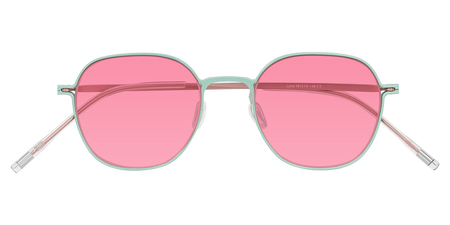 Folded Front of Lytle in Matte Teal/Pink with Pink Tinted Lenses