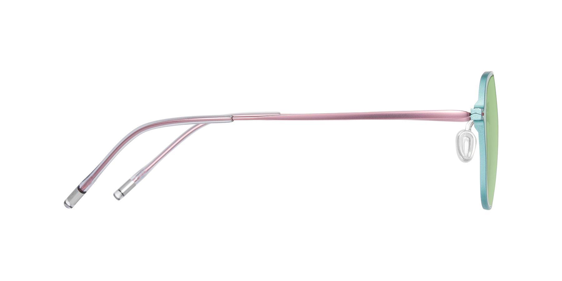 Side of Lytle in Matte Teal/Pink with Medium Green Tinted Lenses