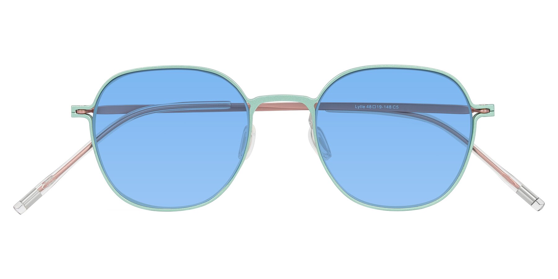 Folded Front of Lytle in Matte Teal/Pink with Medium Blue Tinted Lenses