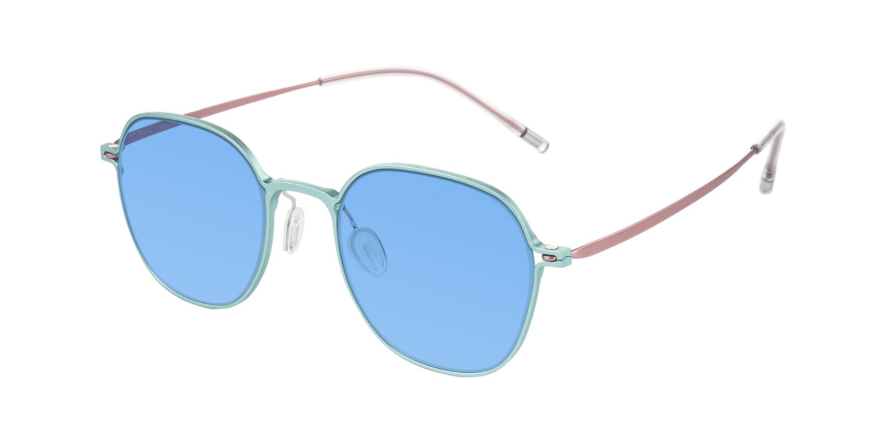 Angle of Lytle in Matte Teal/Pink with Medium Blue Tinted Lenses