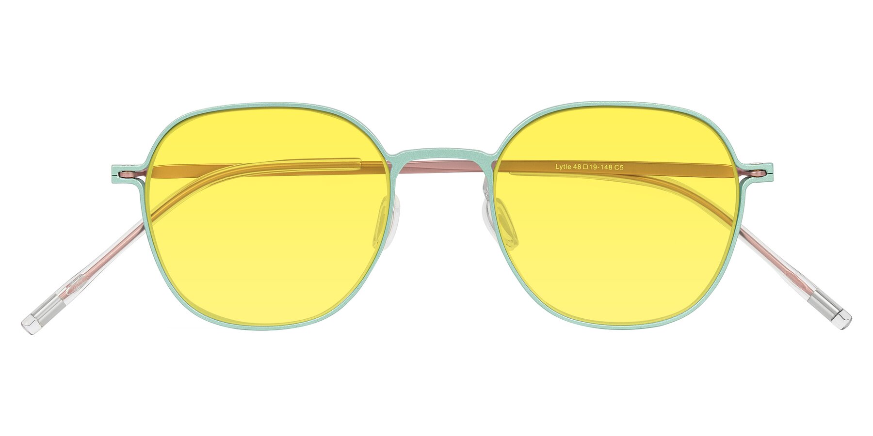 Folded Front of Lytle in Matte Teal/Pink with Medium Yellow Tinted Lenses