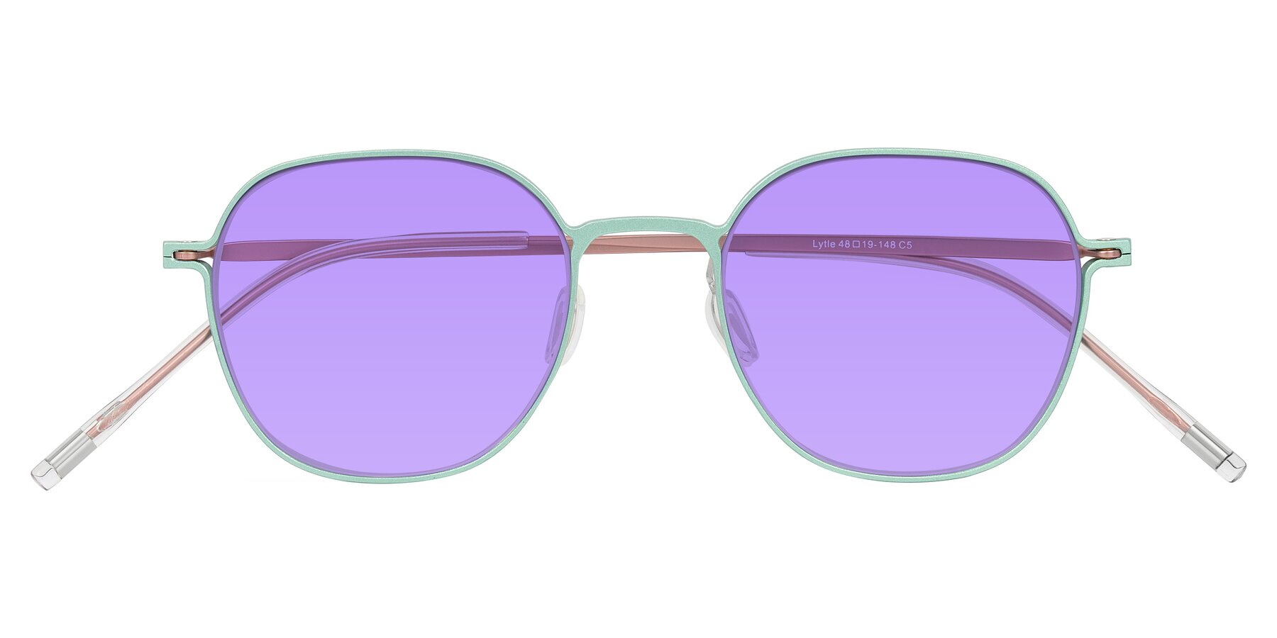 Folded Front of Lytle in Matte Teal/Pink with Medium Purple Tinted Lenses