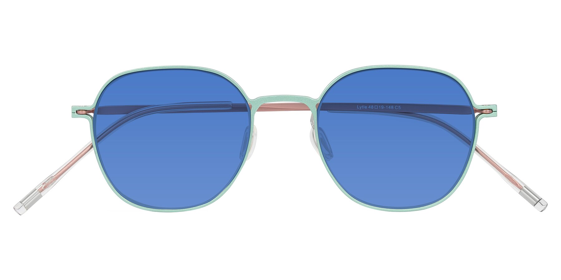 Folded Front of Lytle in Matte Teal/Pink with Blue Tinted Lenses