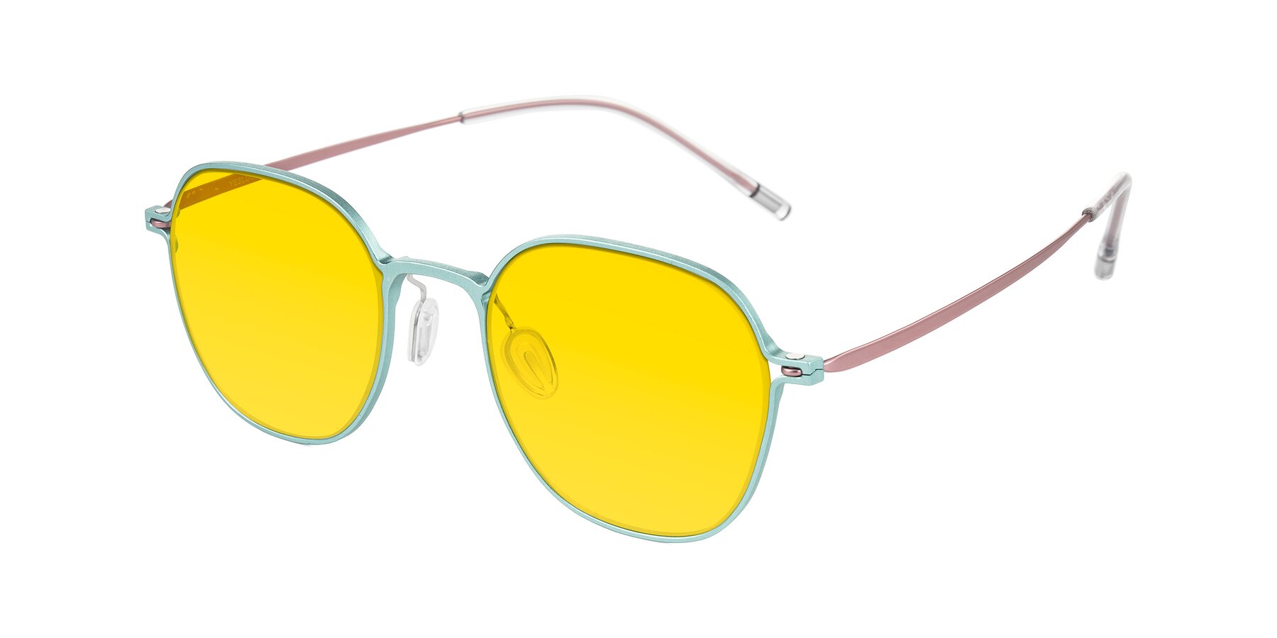 Angle of Lytle in Matte Teal/Pink with Yellow Tinted Lenses