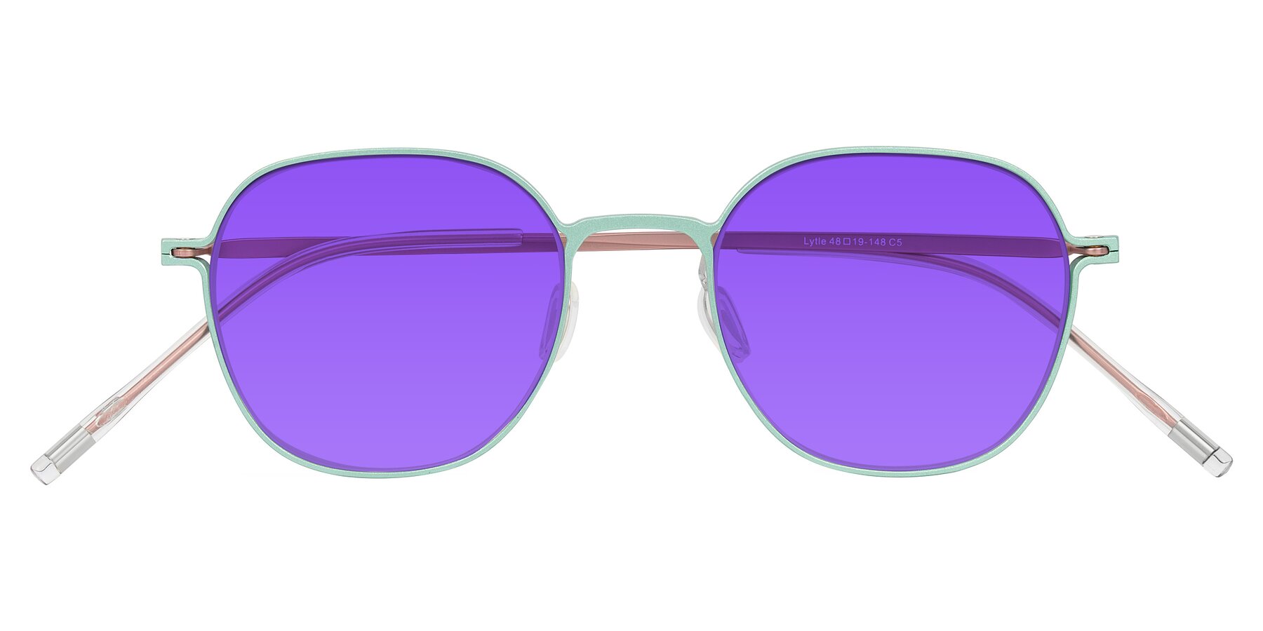 Folded Front of Lytle in Matte Teal/Pink with Purple Tinted Lenses