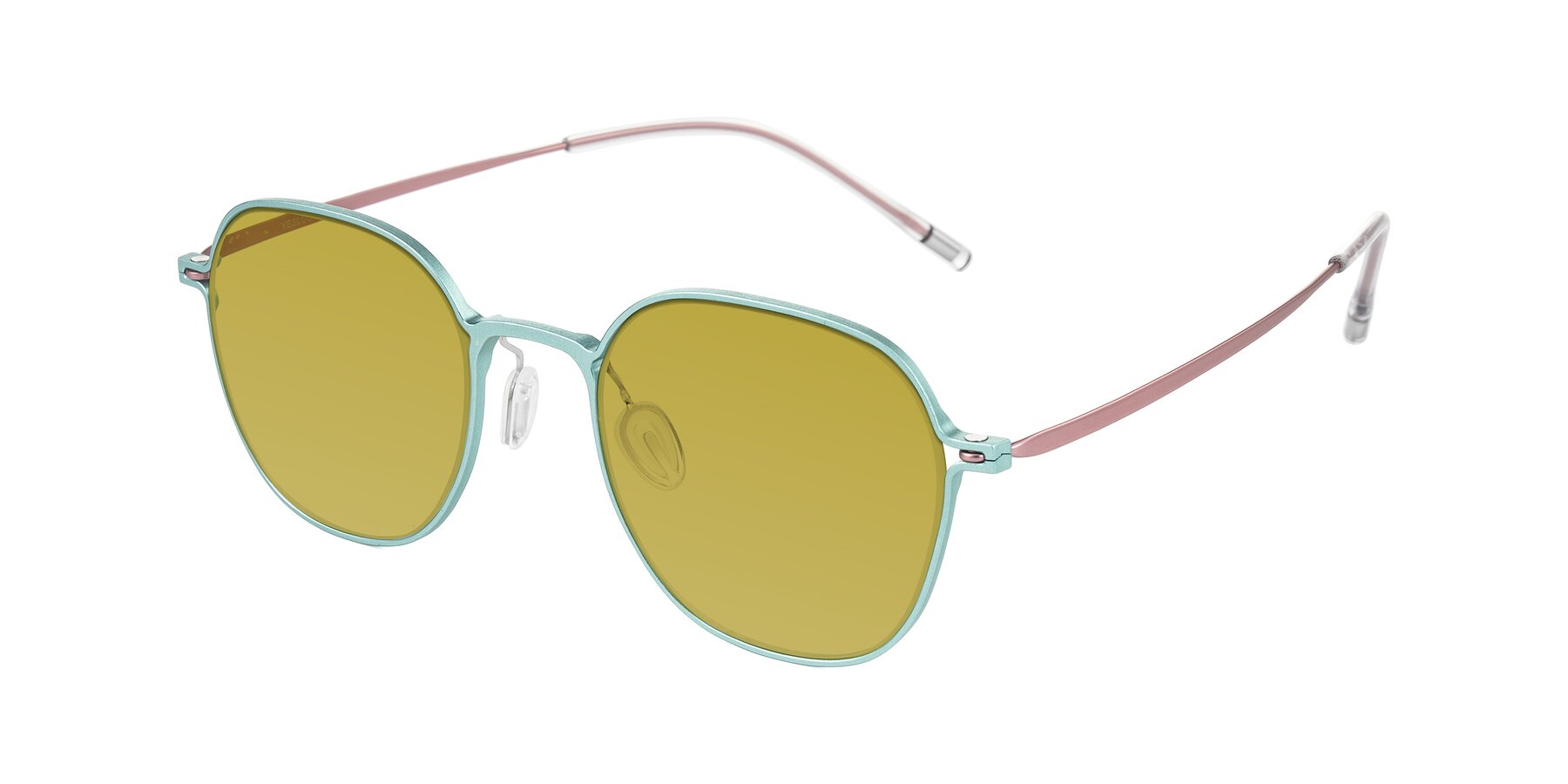 Angle of Lytle in Matte Teal/Pink with Champagne Tinted Lenses