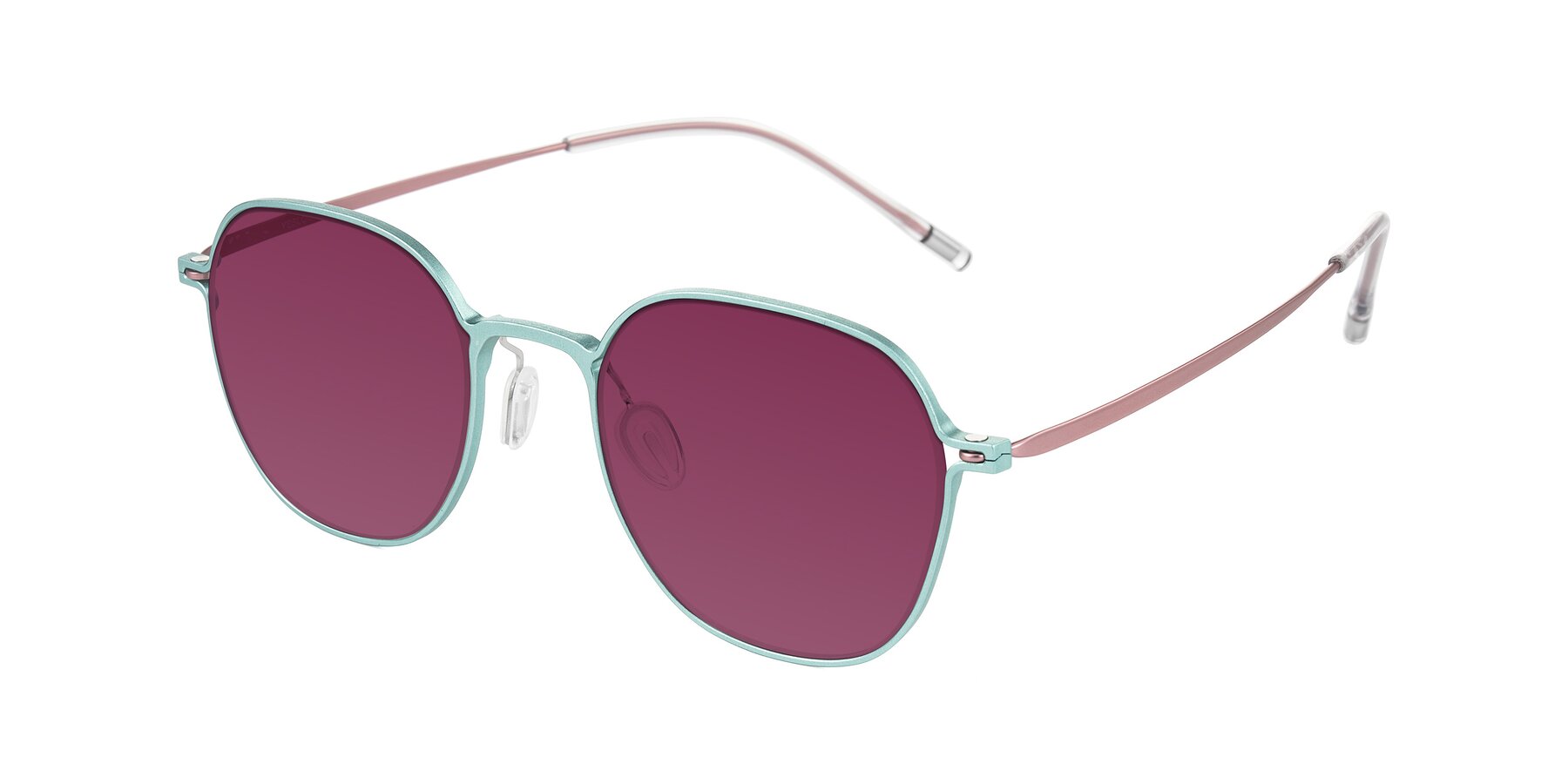 Angle of Lytle in Matte Teal/Pink with Wine Tinted Lenses