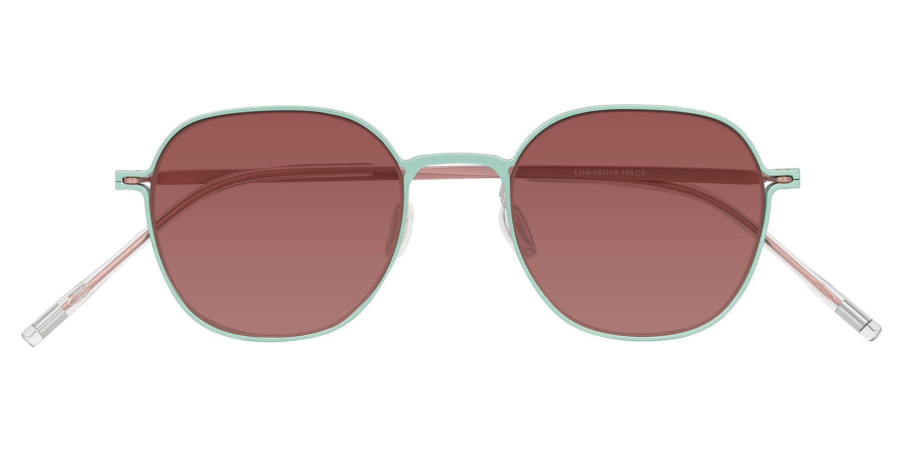 Folded Front of Lytle in Matte Teal/Pink with Garnet Tinted Lenses