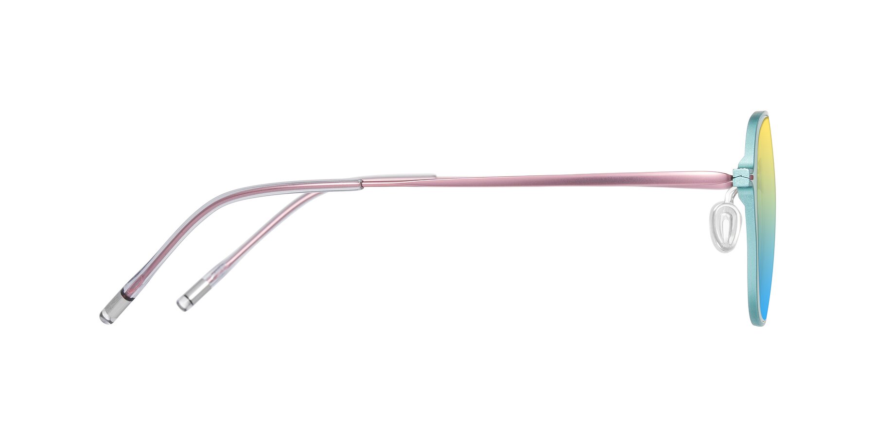 Side of Lytle in Matte Teal/Pink with Yellow / Blue Gradient Lenses