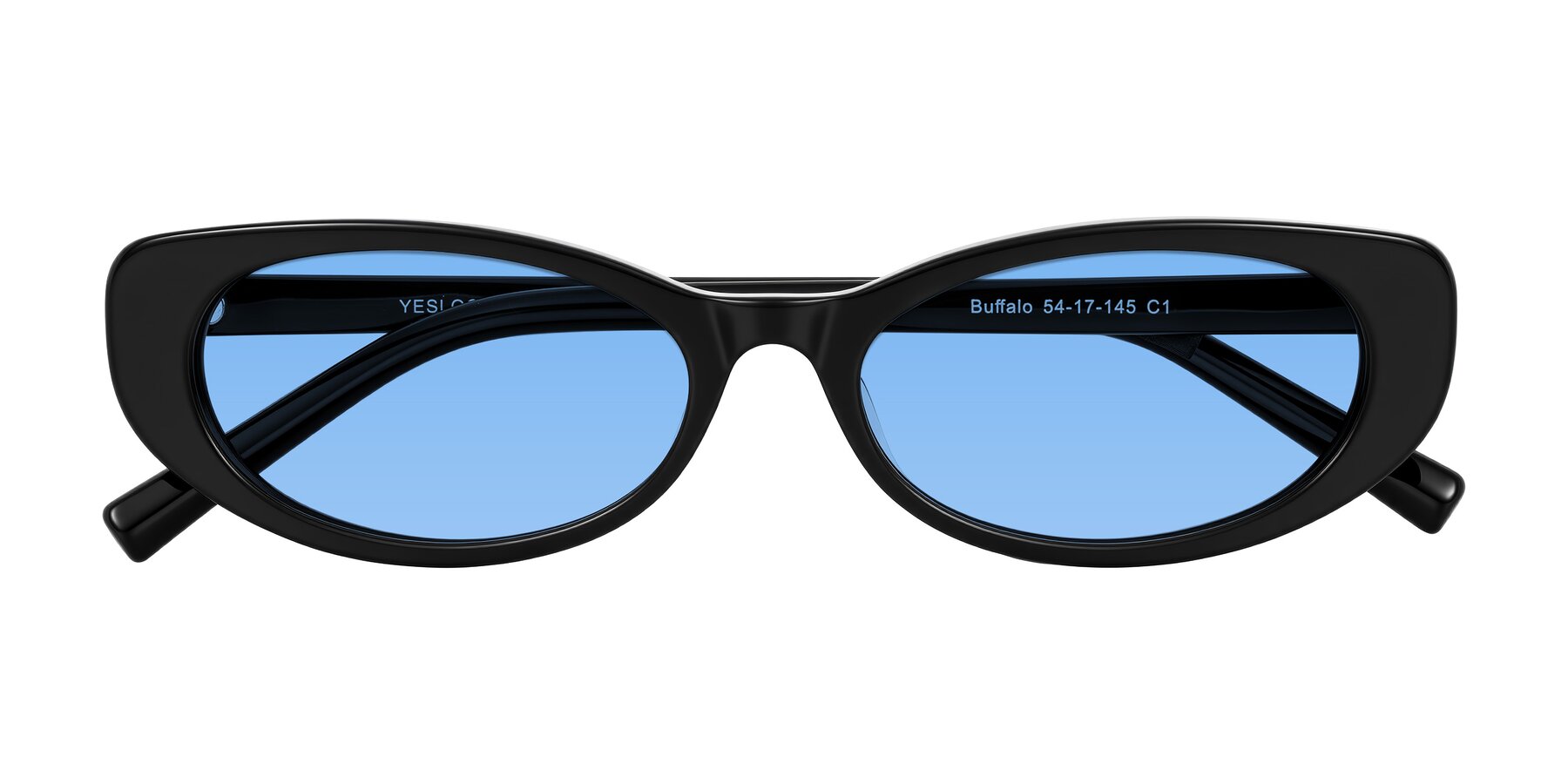 Folded Front of Buffalo in Black with Medium Blue Tinted Lenses