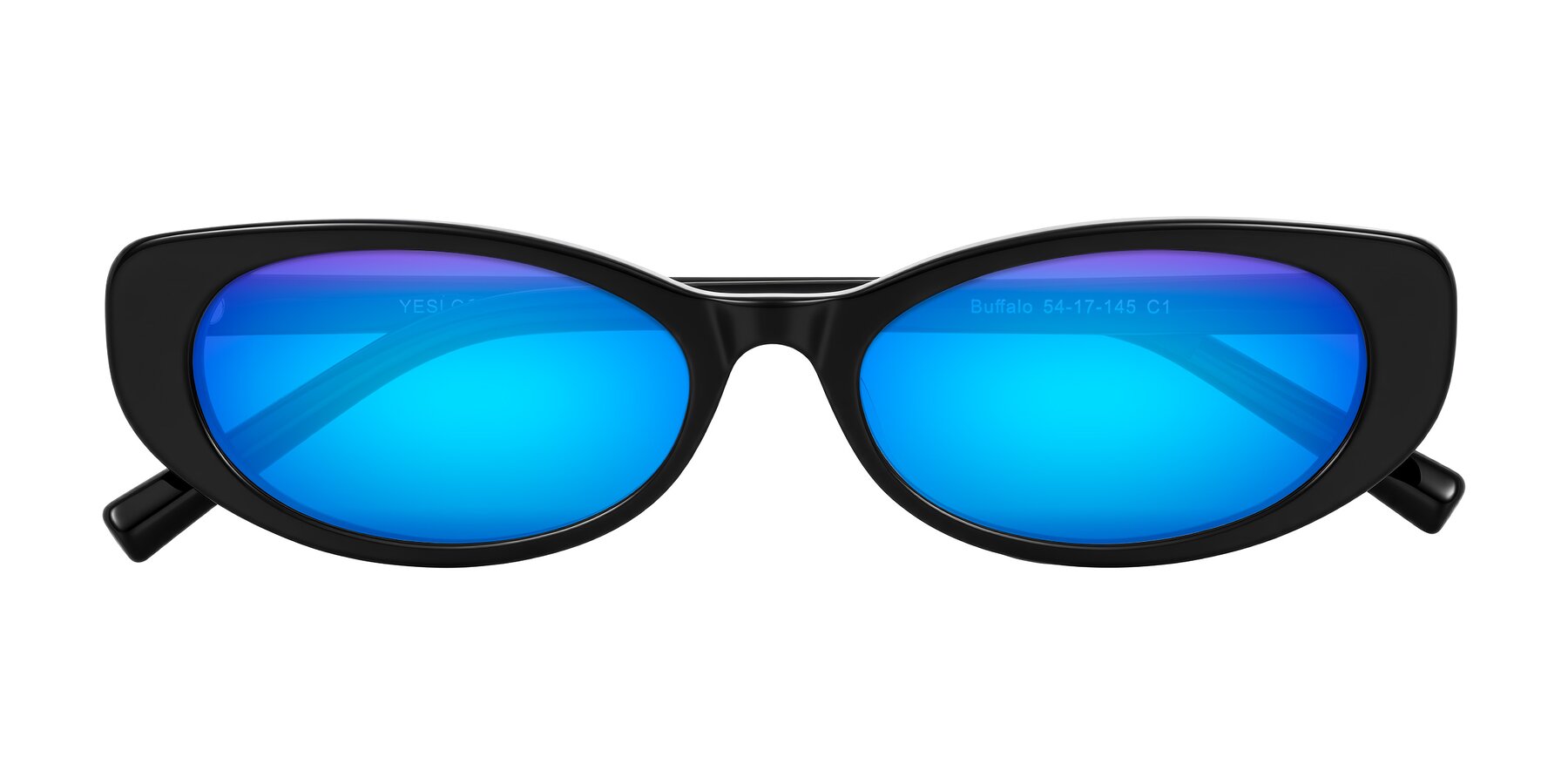 Folded Front of Buffalo in Black with Blue Mirrored Lenses