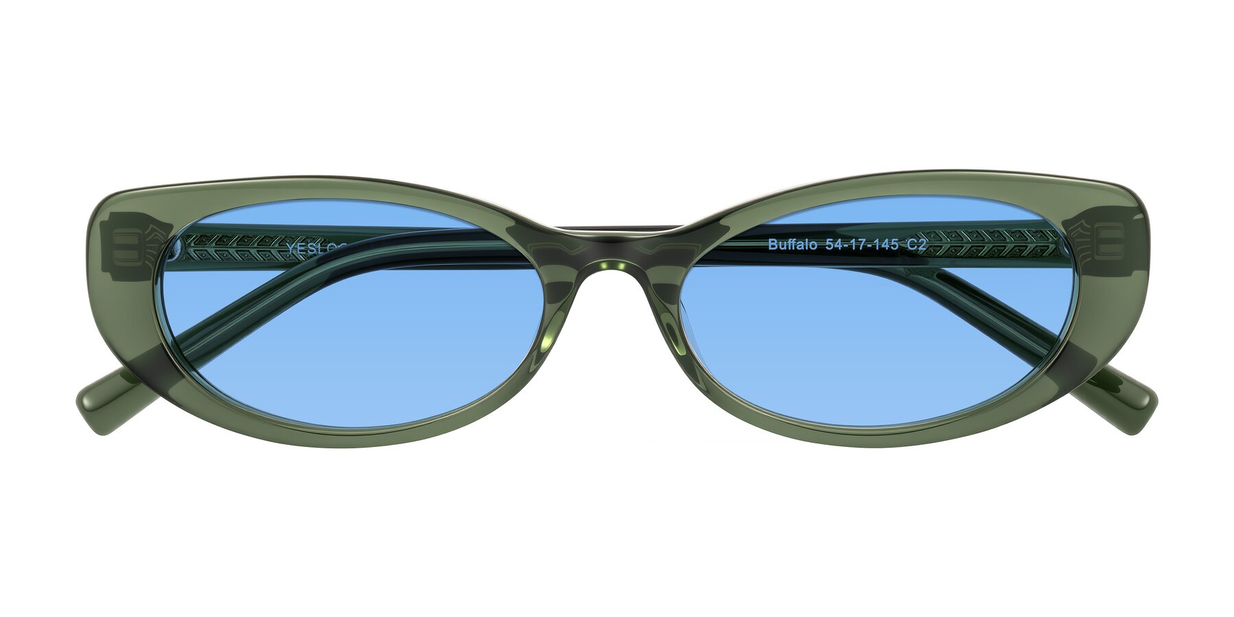 Folded Front of Buffalo in Olive Green with Medium Blue Tinted Lenses