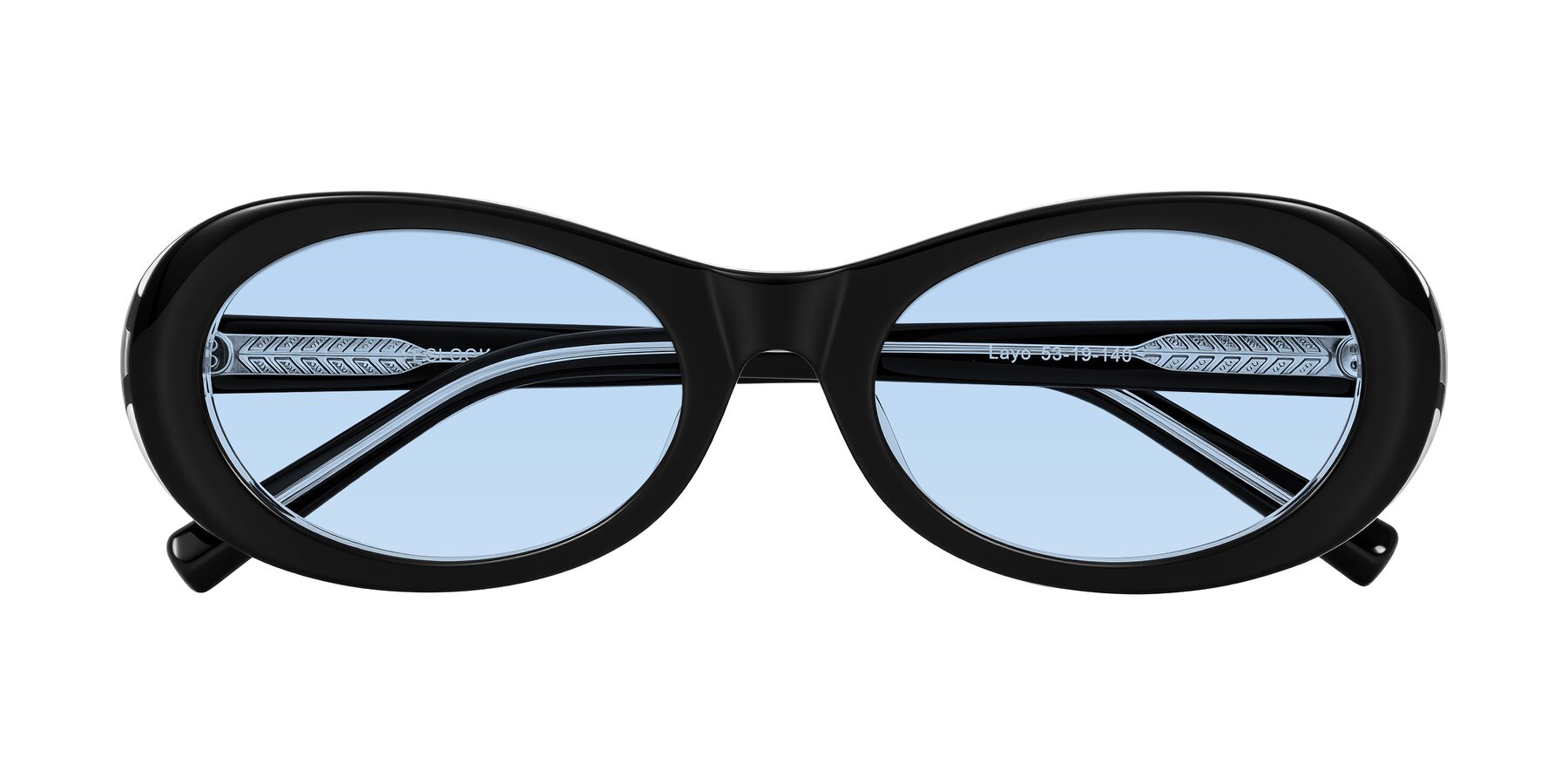 Folded Front of Layo in Black/Clear with Light Blue Tinted Lenses