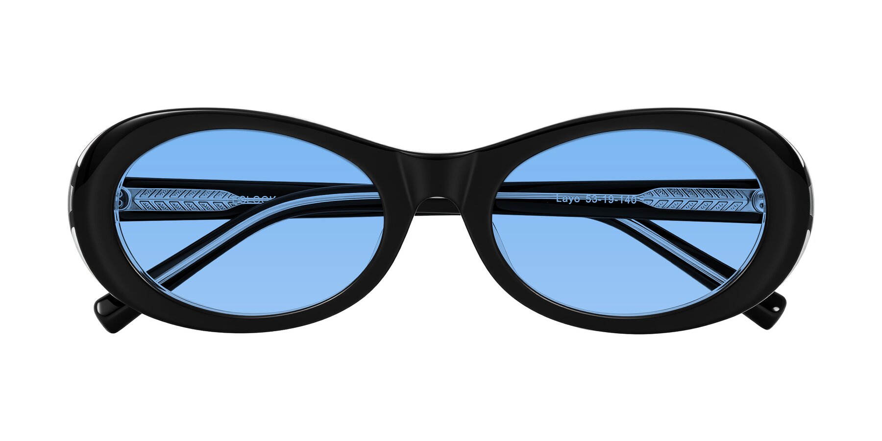 Folded Front of Layo in Black/Clear with Medium Blue Tinted Lenses