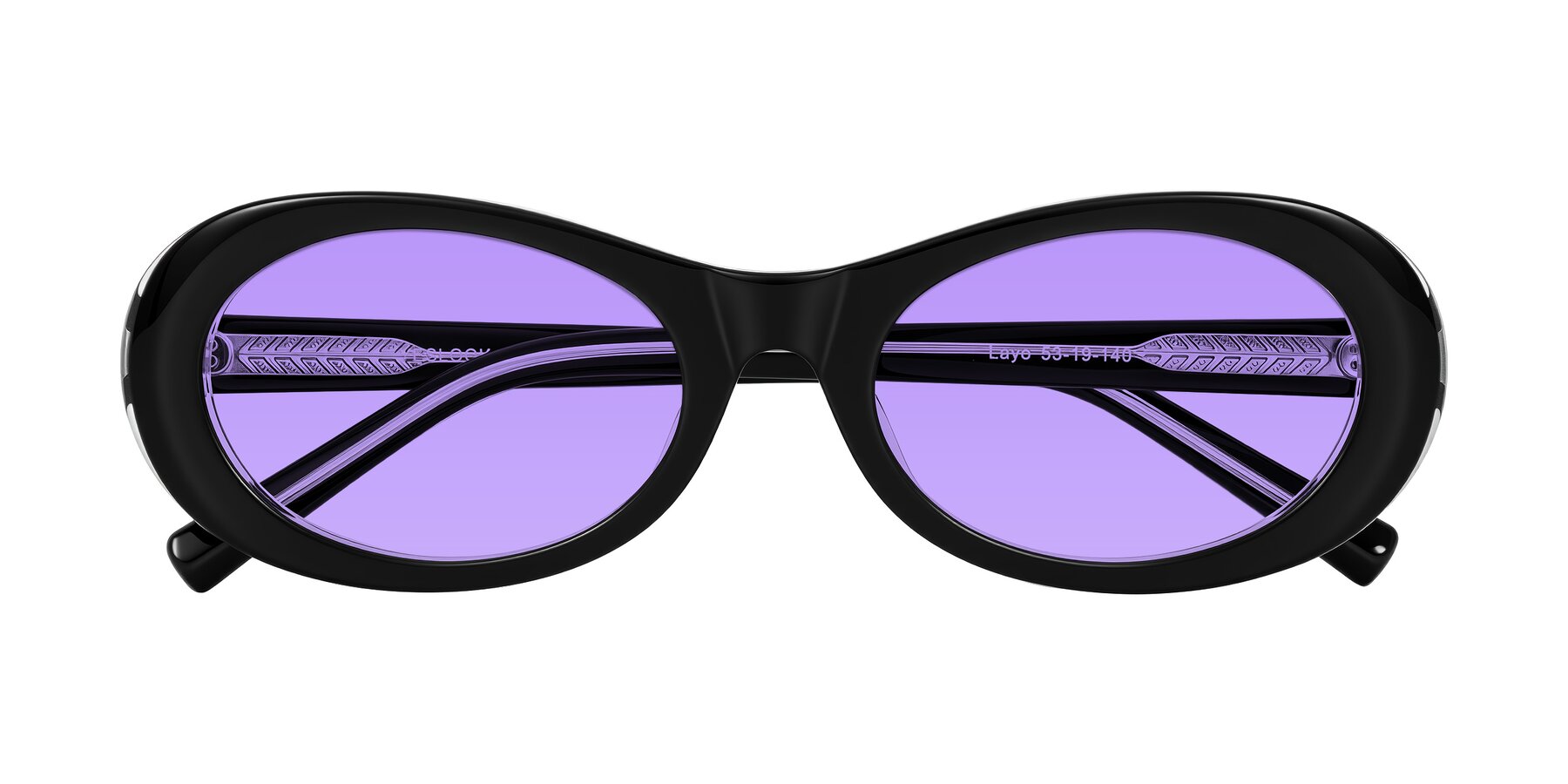 Folded Front of Layo in Black/Clear with Medium Purple Tinted Lenses