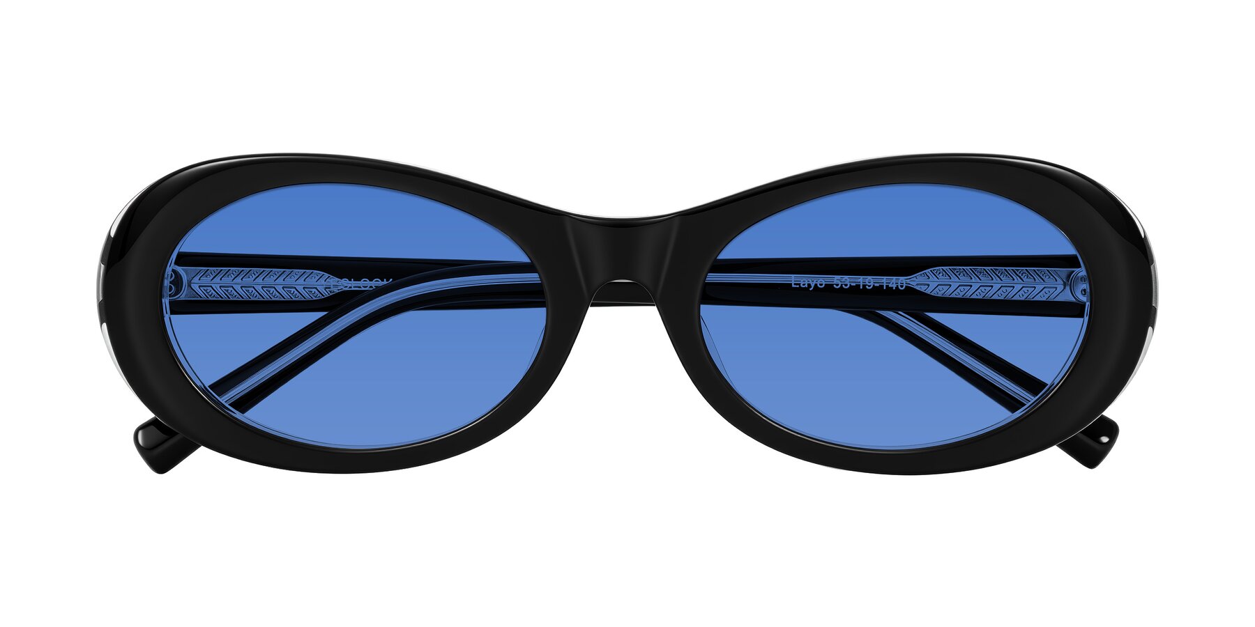 Folded Front of Layo in Black/Clear with Blue Tinted Lenses