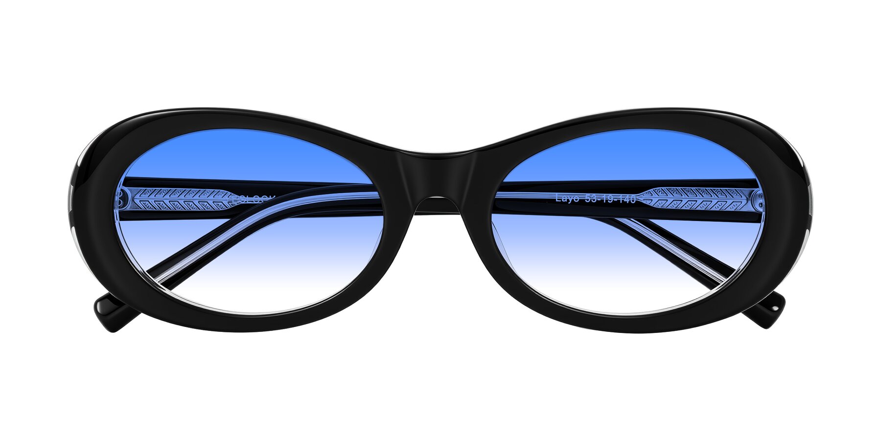 Folded Front of Layo in Black/Clear with Blue Gradient Lenses