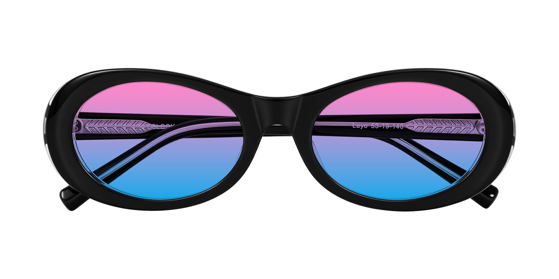 Folded Front of Layo in Black/Clear with Pink / Blue Gradient Lenses