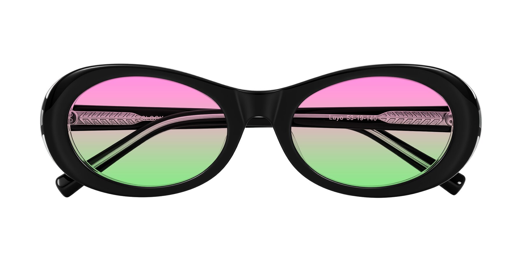 Folded Front of Layo in Black/Clear with Pink / Green Gradient Lenses