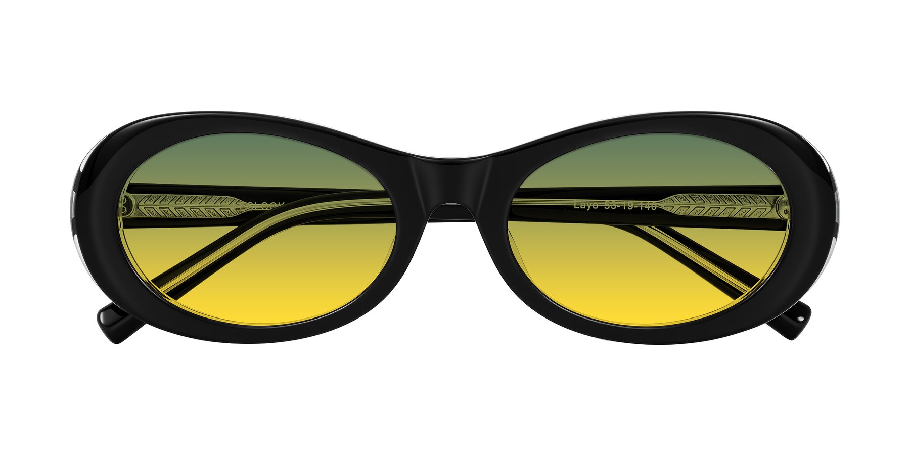 Folded Front of Layo in Black/Clear with Green / Yellow Gradient Lenses