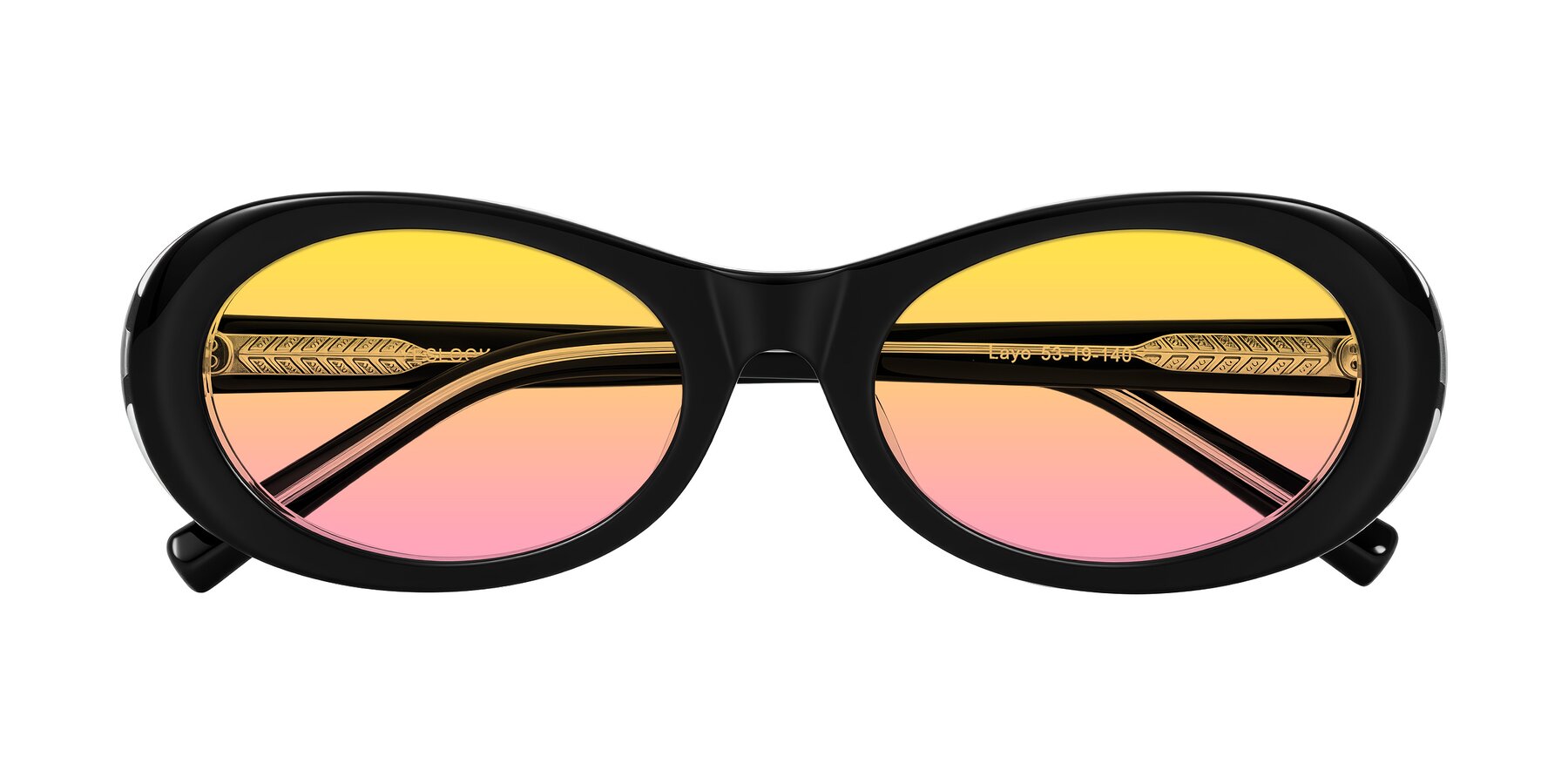 Folded Front of Layo in Black/Clear with Yellow / Pink Gradient Lenses